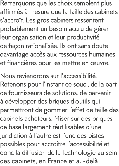 Remarquons que les choix semblent plus affirm s   mesure que la taille des cabinets s accro t  Les gros cabinets ress   