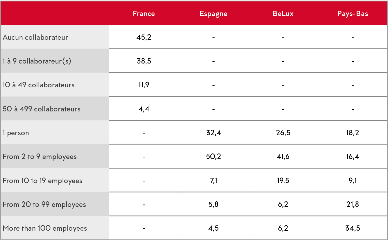 ,France,Espagne,BeLux,Pays-Bas,Aucun collaborateur ,45,2,-,-,-,1   9 collaborateur(s),38,5,-,-,-,10   49 collaborateu   