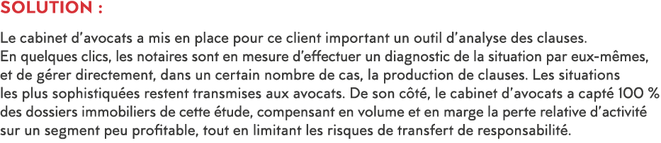 Solution :  Le cabinet d avocats a mis en place pour ce client important un outil d analyse des clauses  En quelques    