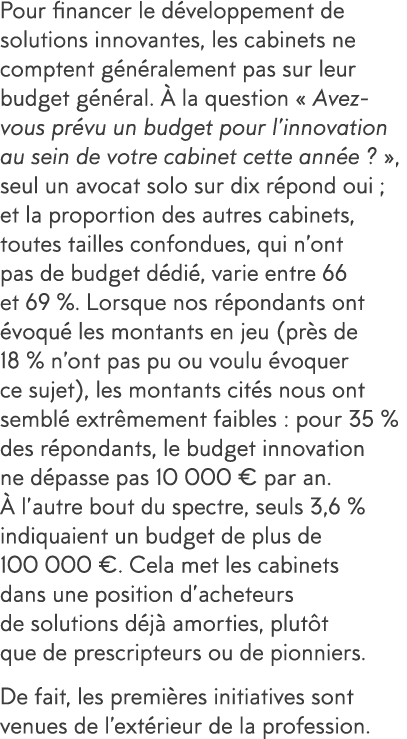 Pour financer le d veloppement de solutions innovantes, les cabinets ne comptent g n ralement pas sur leur budget g n   