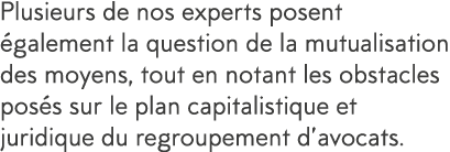 Plusieurs de nos experts posent  galement la question de la mutualisation des moyens, tout en notant les obstacles po   