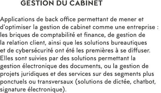 GESTION DU CABINET Applications de back office permettant de mener et d optimiser la gestion de cabinet comme une ent   